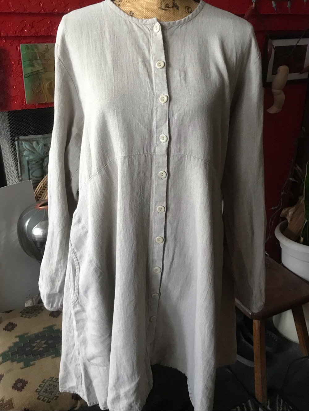 FLAX Light Tan Button-Front Linen Tunic Dress 2 pockets!
